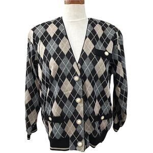 Vtg 80s Leslie Fay Haberdashery Argyle Cardigan M Petite Gold Buttons USA Black